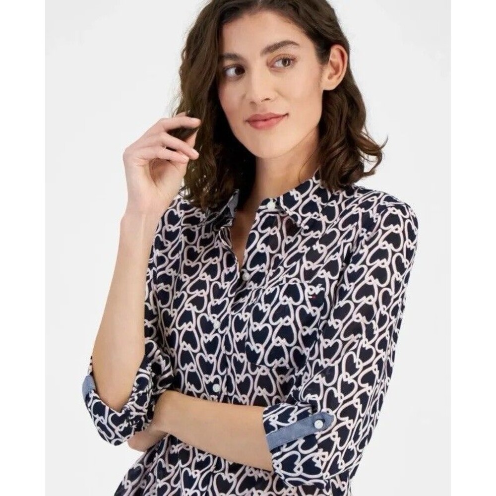 🩷 NEW TOMMY HILFIGER VALENTINES Heart Print Roll-Tab Sleeve Button-Down Shirt L